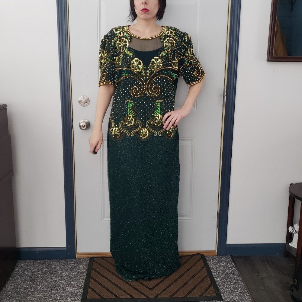 80s/90s Laurence Kazar Green and Gold Beaded Silk Gown